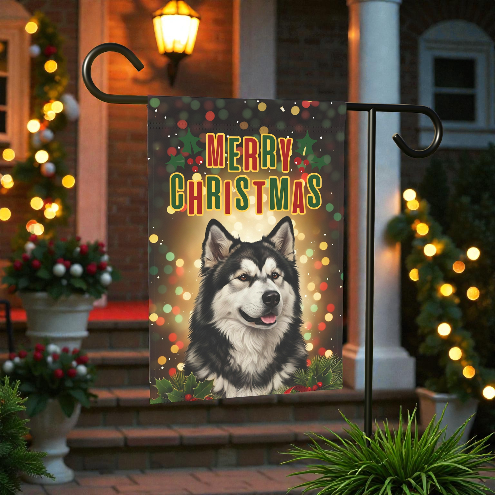 Merry Christmas in Lights Alaskan Malamute Garden Flag