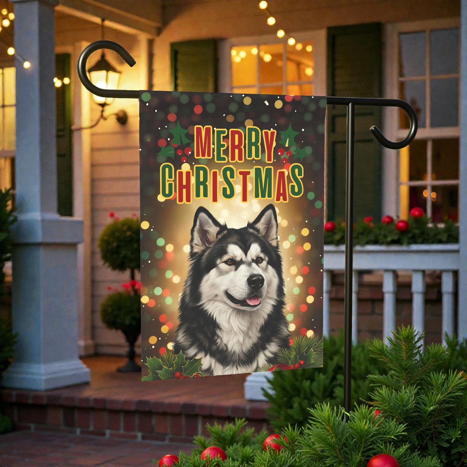 Merry Christmas in Lights Alaskan Malamute Garden Flag - Image 5