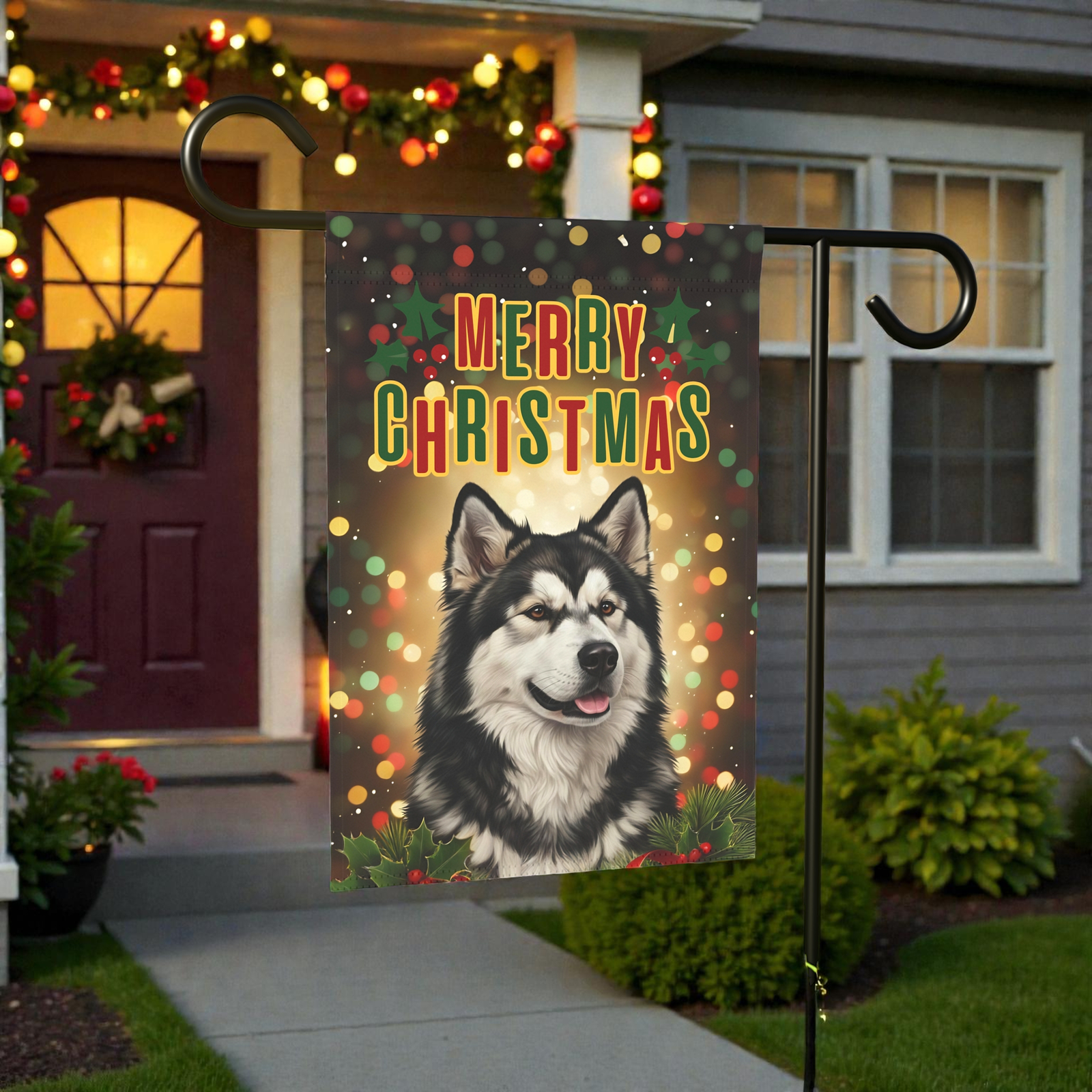 Merry Christmas in Lights Alaskan Malamute Garden Flag - Image 6