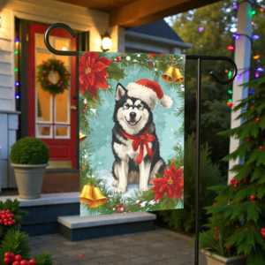 Poinsettia and Bells Alaskan Malamute Christmas Garden Flag