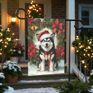 Poinsettia and Pinecone Wreath Alaskan Malamute Garden Flag