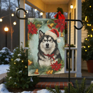 Poinsettia Wreath Alaskan Malamute Garden Flag
