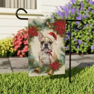 Poinsettia Wreath French Bulldog Garden Flag, Holiday Dog House Banner