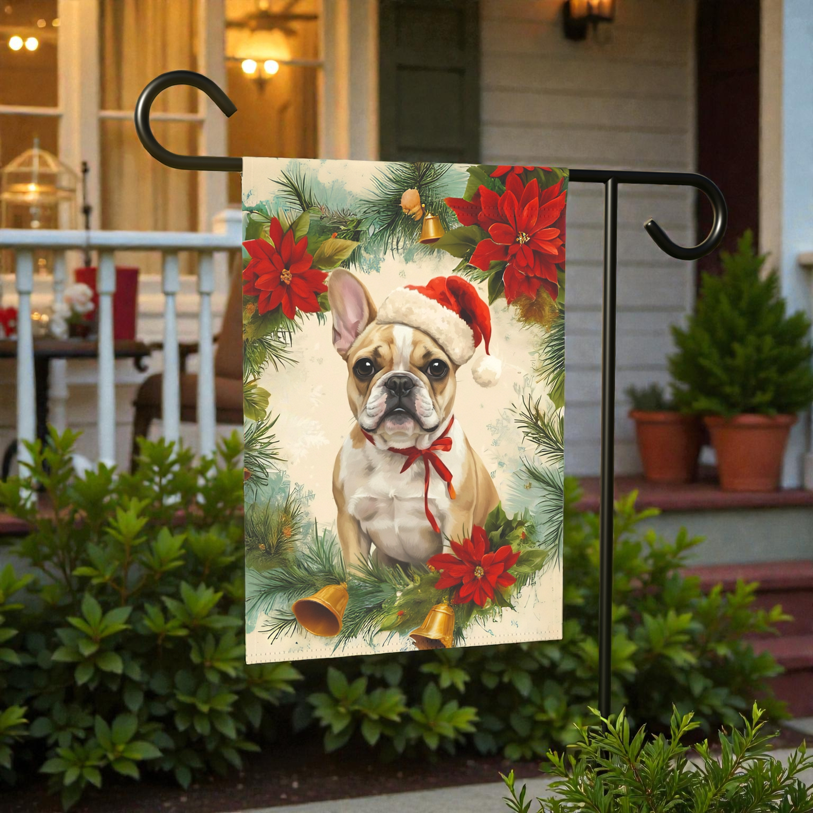 Poinsettia Wreath French Bulldog Garden Flag, Holiday Dog House Banner - Image 9