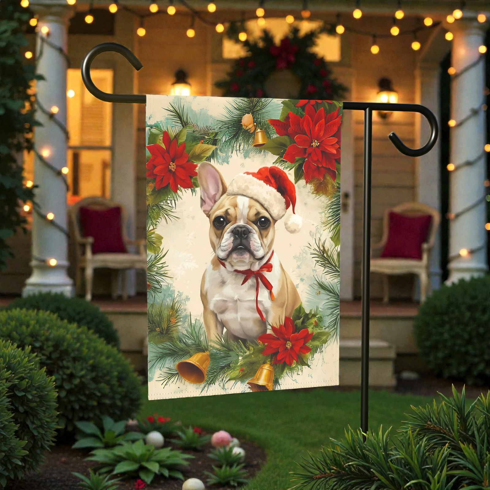 Poinsettia Wreath French Bulldog Garden Flag, Holiday Dog House Banner - Image 7