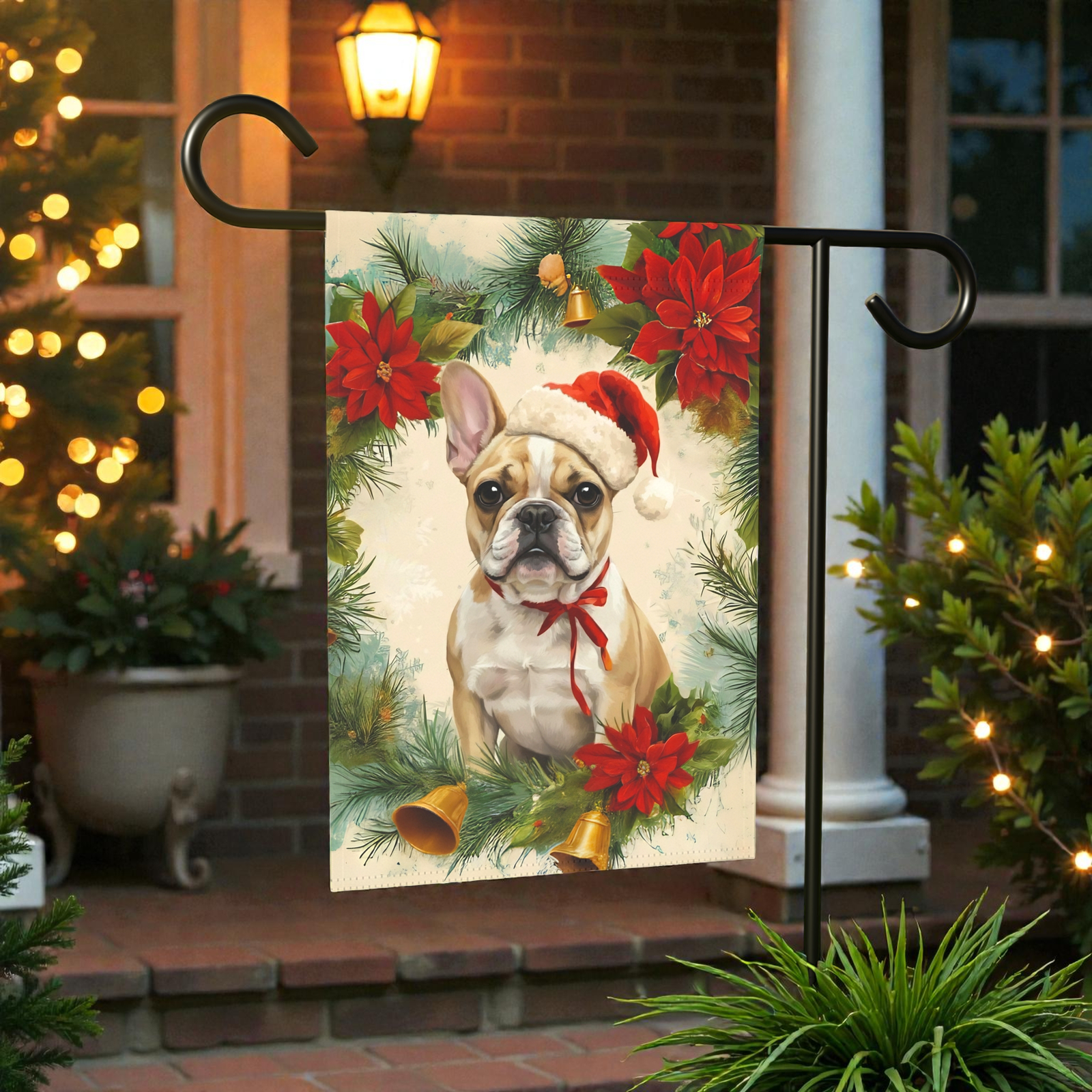 Poinsettia Wreath French Bulldog Garden Flag, Holiday Dog House Banner - Image 8