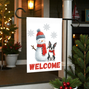 Black and White Boston Terrier and Snowman Welcome Flag