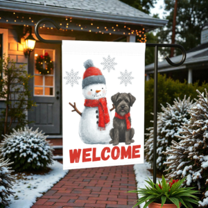 Bouvier Des Ardennes and Snowman Welcome Garden Flag