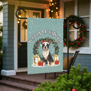 Merry Christmas Black and White Boston Terrier Garden Flag
