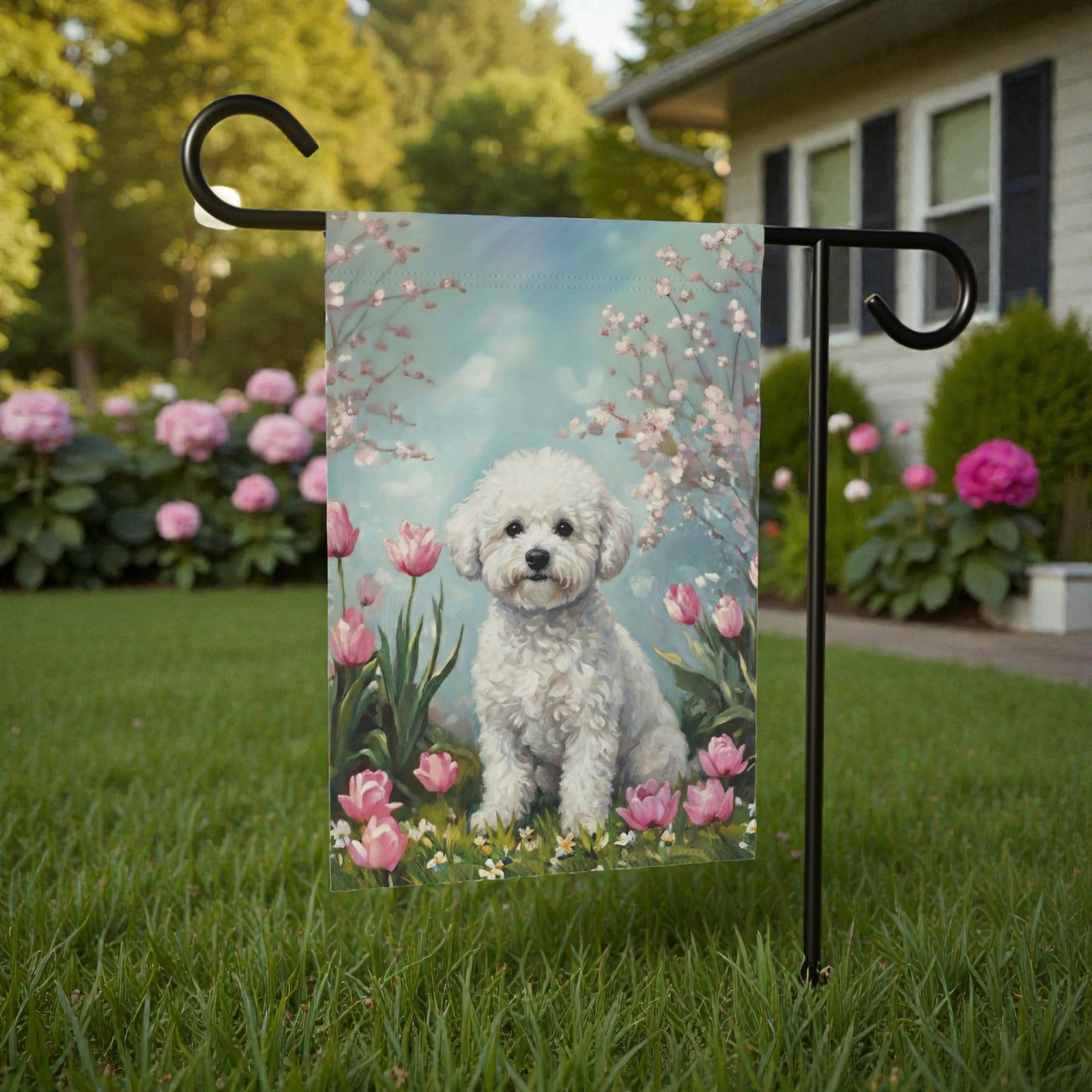 Bichon Frise in the Tulips Spring Garden Flag - Image 5