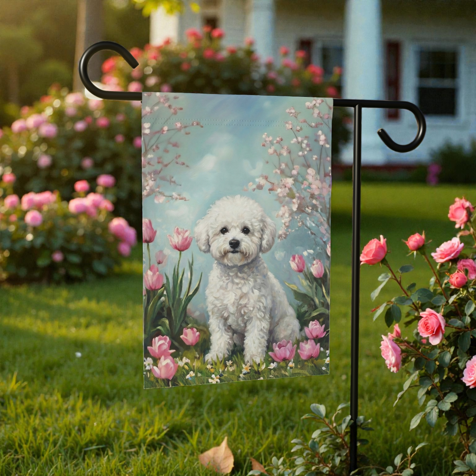 Bichon Frise in the Tulips Spring Garden Flag