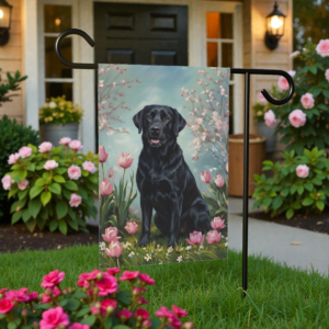 Black Labrador Retriever in the Tulips Spring Garden Flag