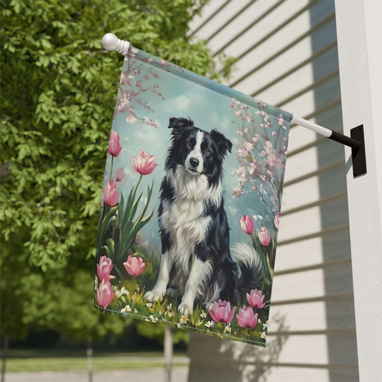 Border Collie In the Tulips Spring Garden Flag - Image 9