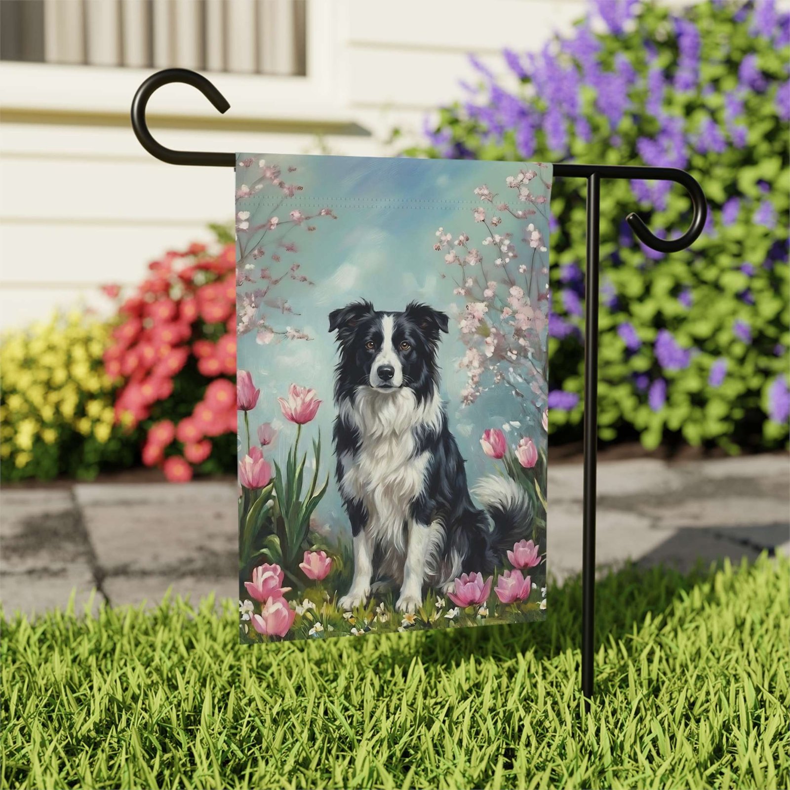 Border Collie In the Tulips Spring Garden Flag - Image 8