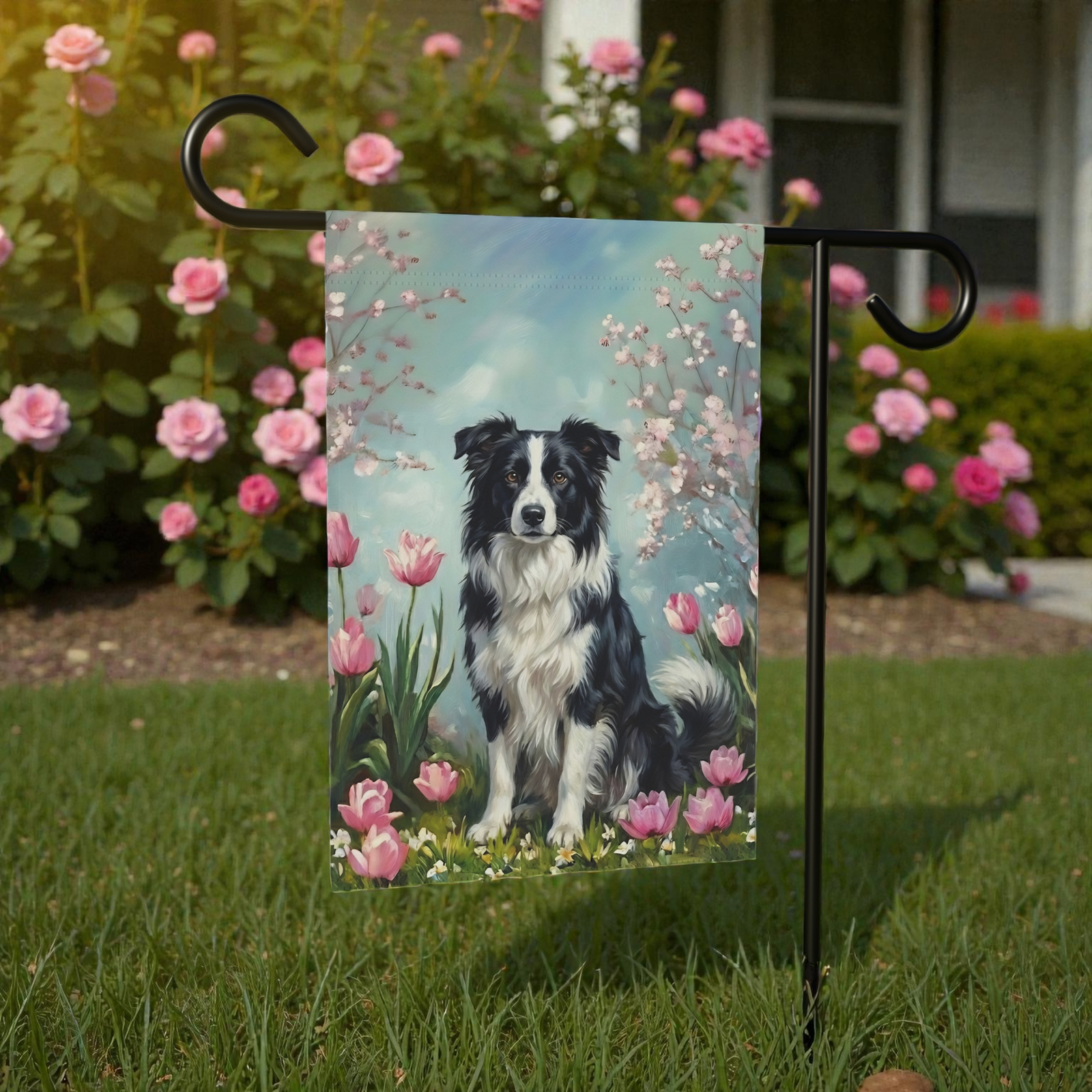 Border Collie In the Tulips Spring Garden Flag - Image 5