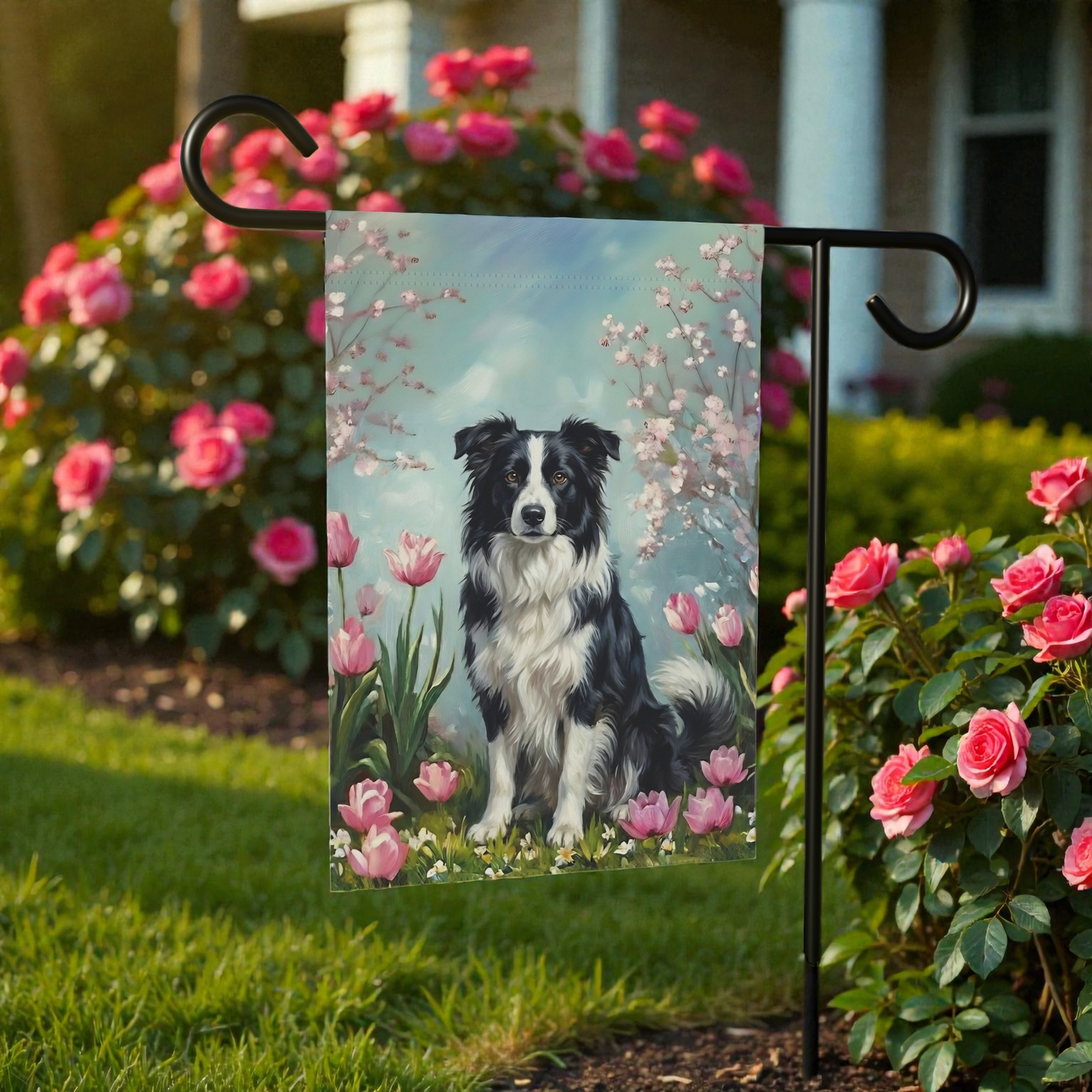 Border Collie In the Tulips Spring Garden Flag