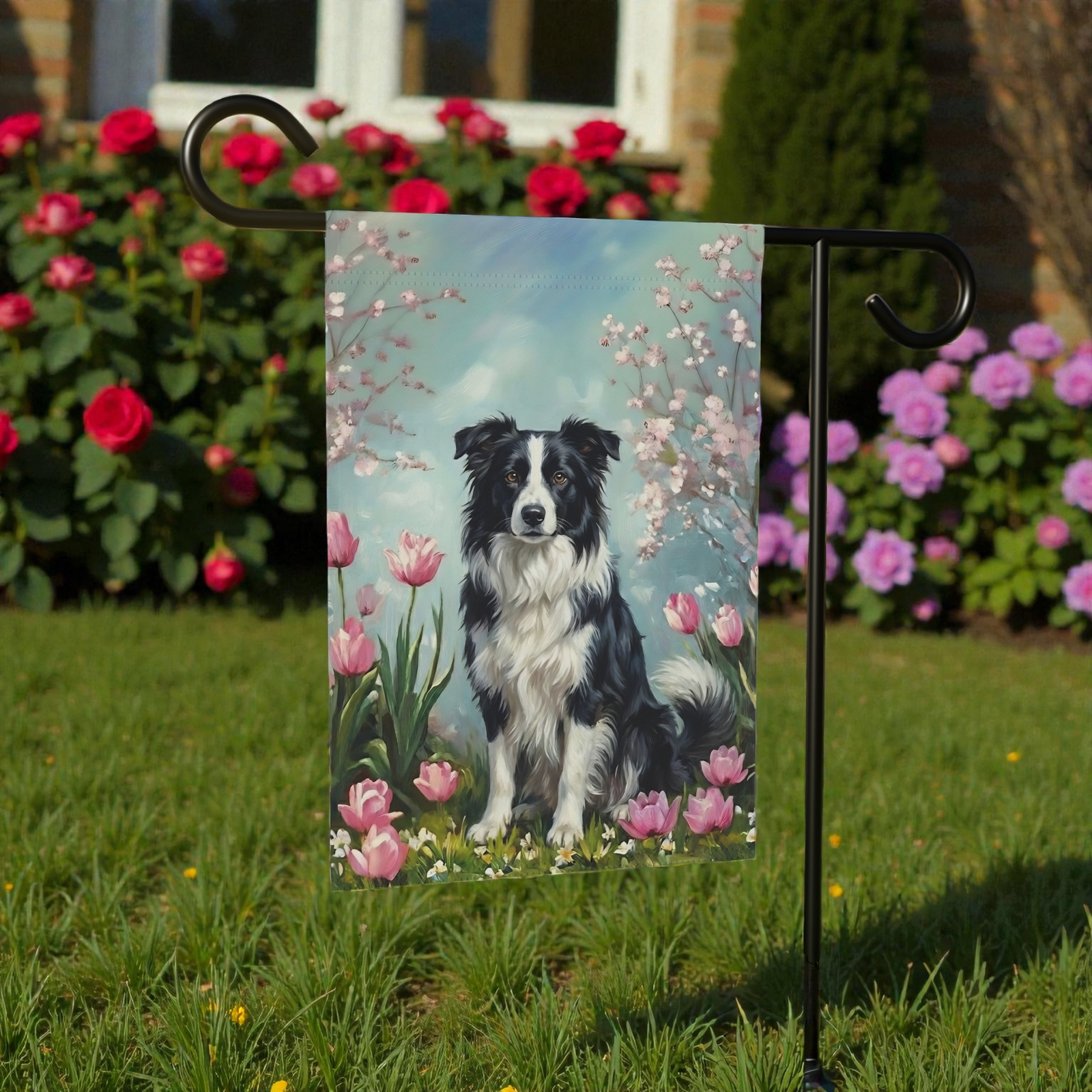 Border Collie In the Tulips Spring Garden Flag - Image 6