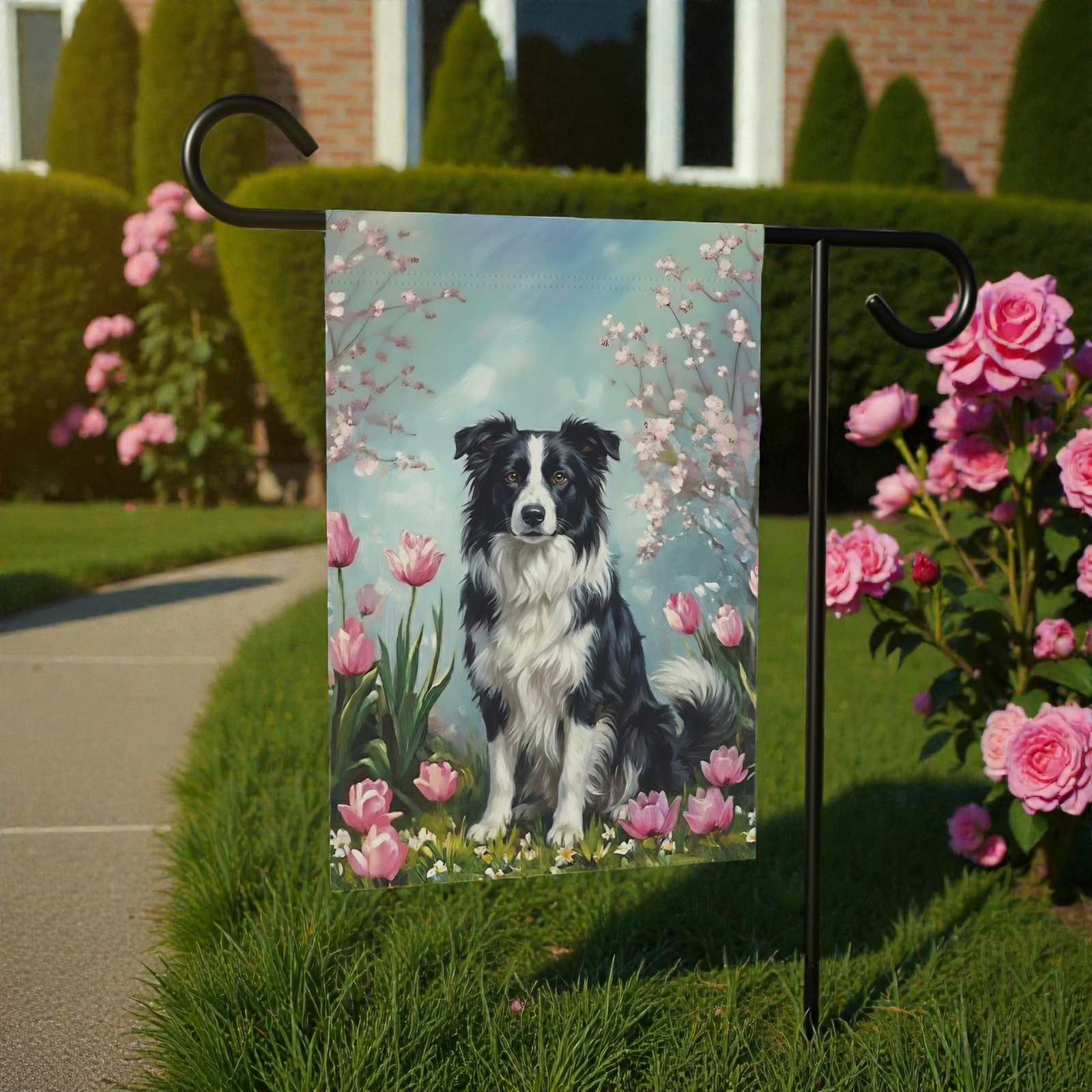 Border Collie In the Tulips Spring Garden Flag - Image 7