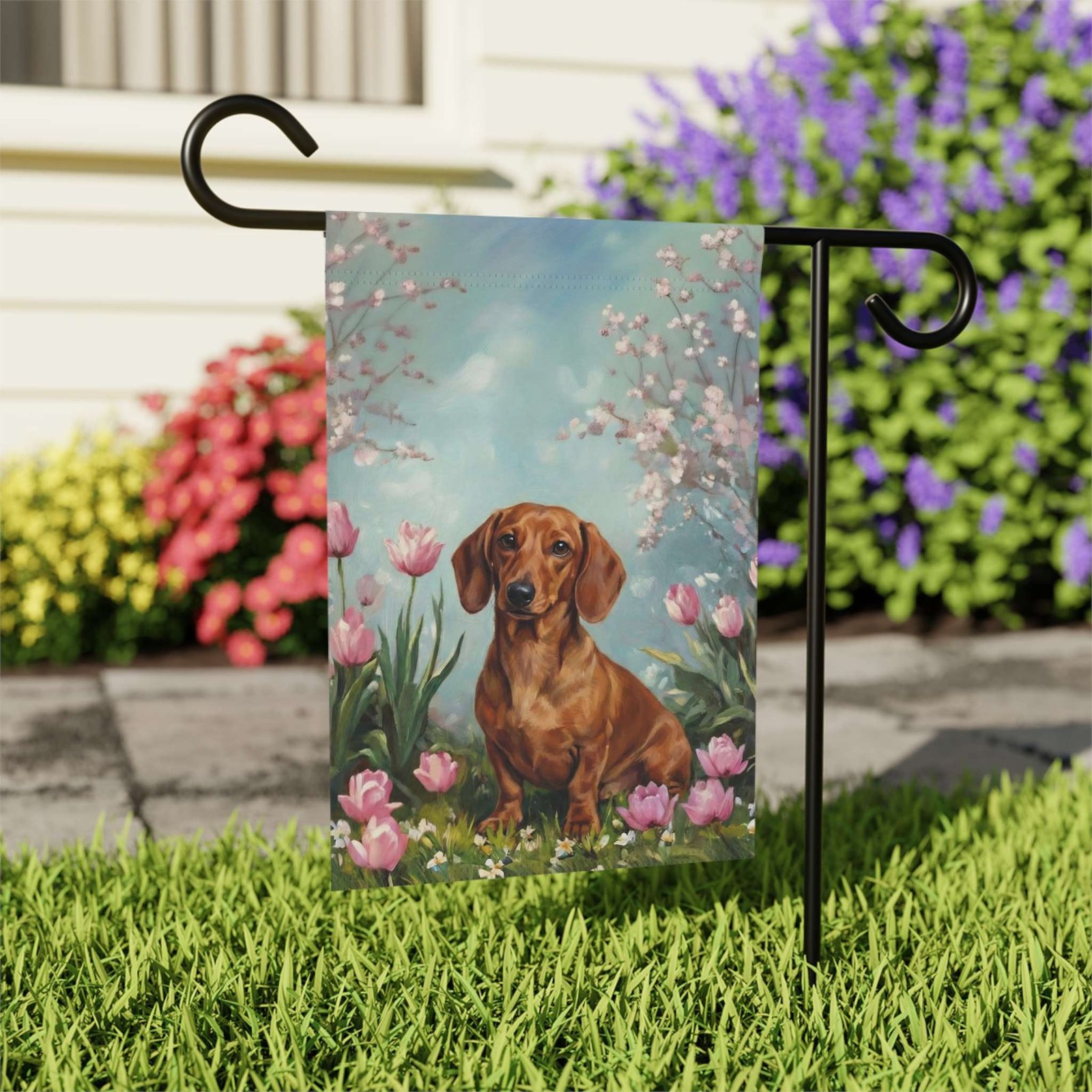 Dachshund in the Tulips Spring Garden Flag - Image 8