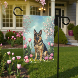 German Shepherd in the Tulips Spring Garden Flag