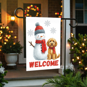 Golden Noodle and Snowman Welcome Garden Flag