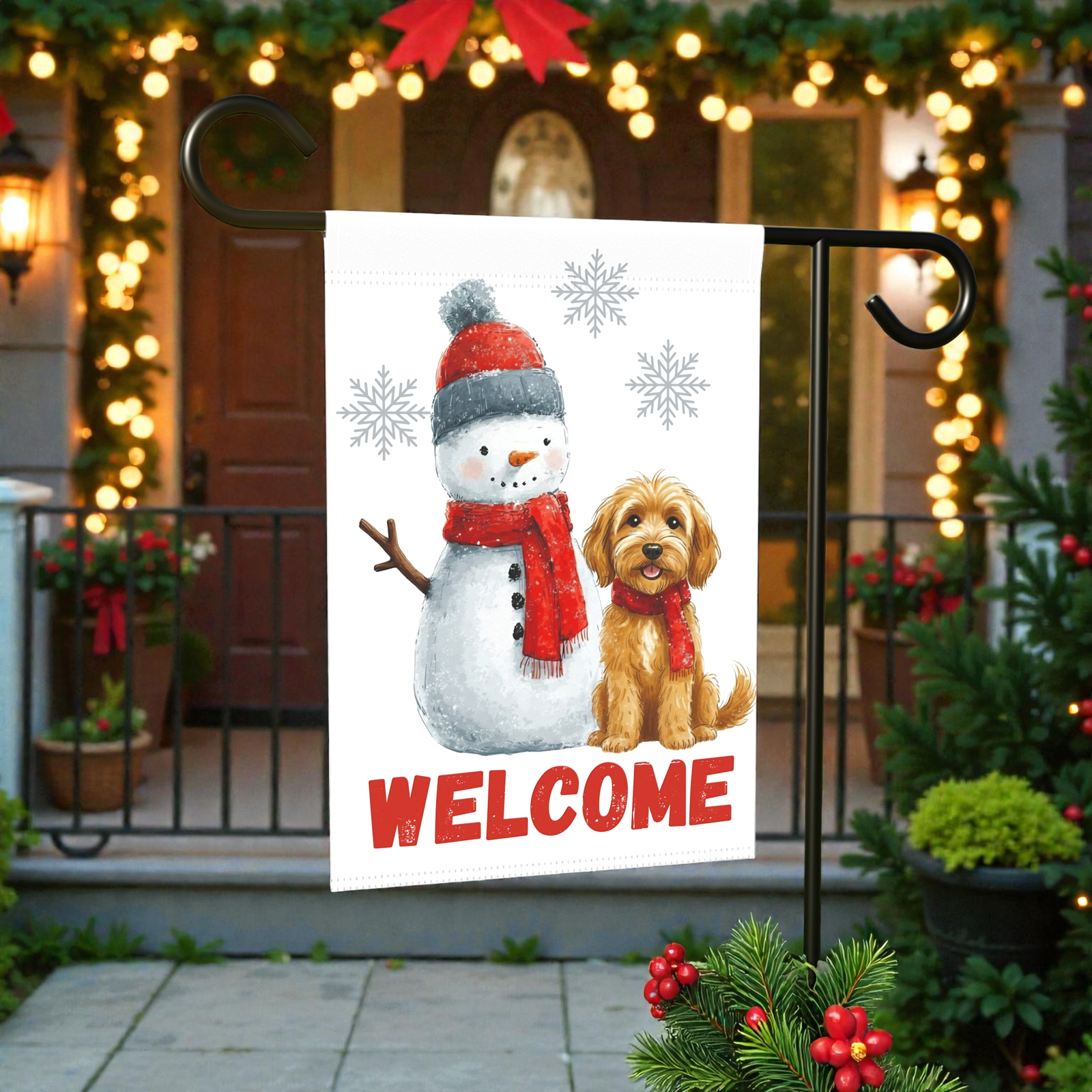 Golden Noodle and Snowman Welcome Garden Flag - Image 6