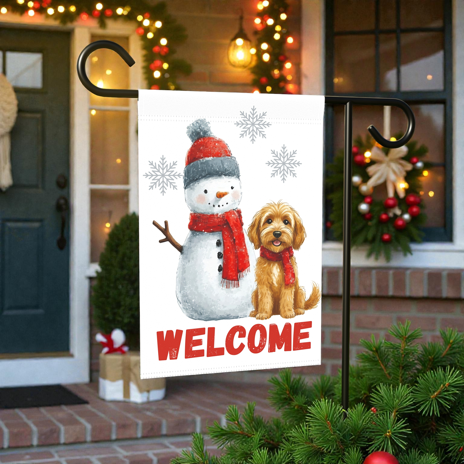 Golden Noodle and Snowman Welcome Garden Flag - Image 7