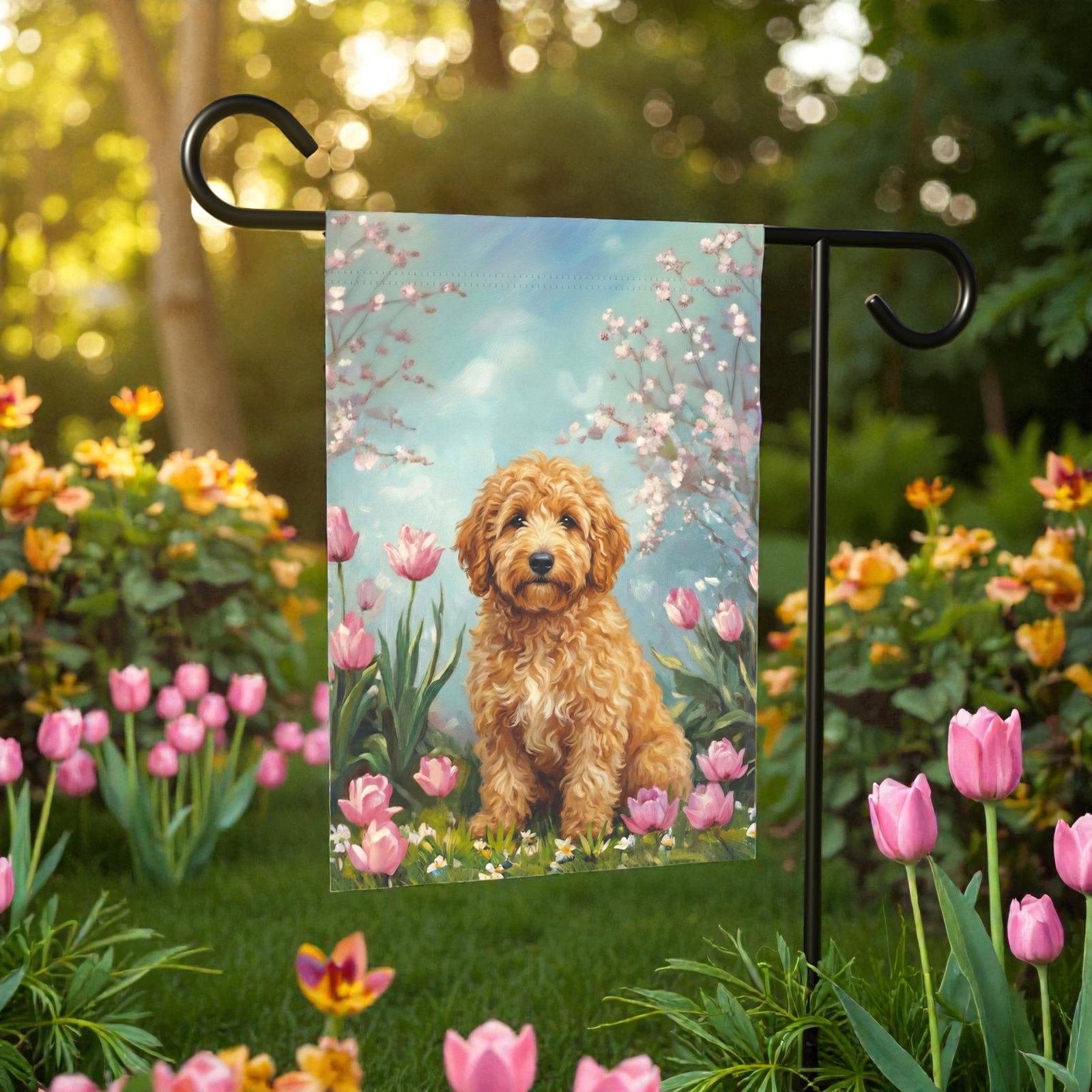 Golden Noodle in the Tulips Spring Garden Flag - Image 7