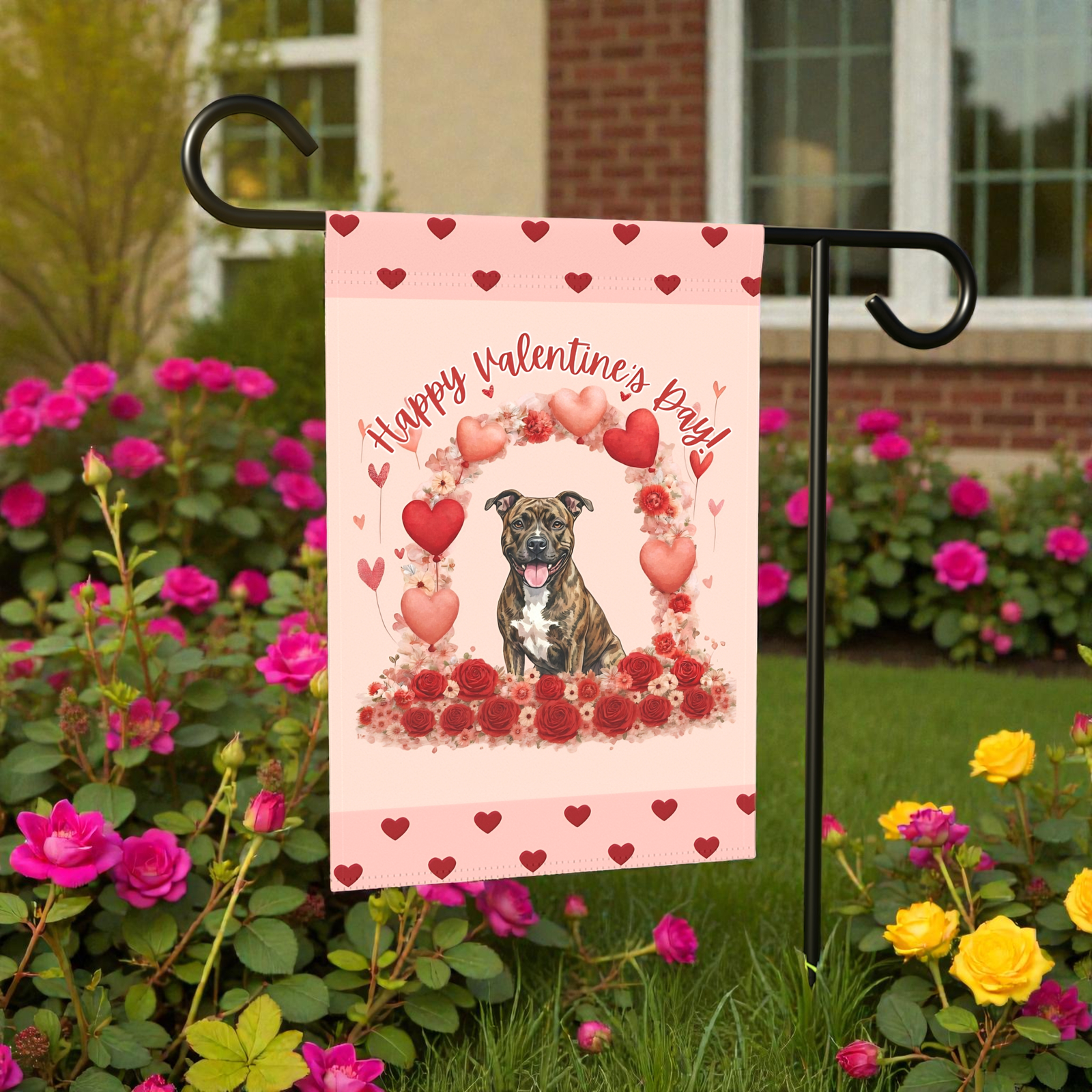 Valentine's Day Brindle Pit Bull Terrier Garden Flag - Image 5