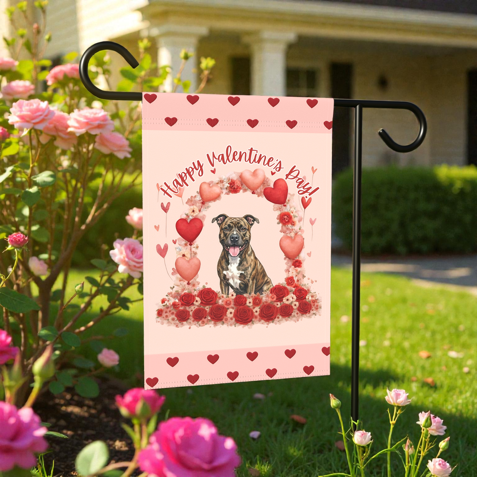 Valentine's Day Brindle Pit Bull Terrier Garden Flag - Image 6