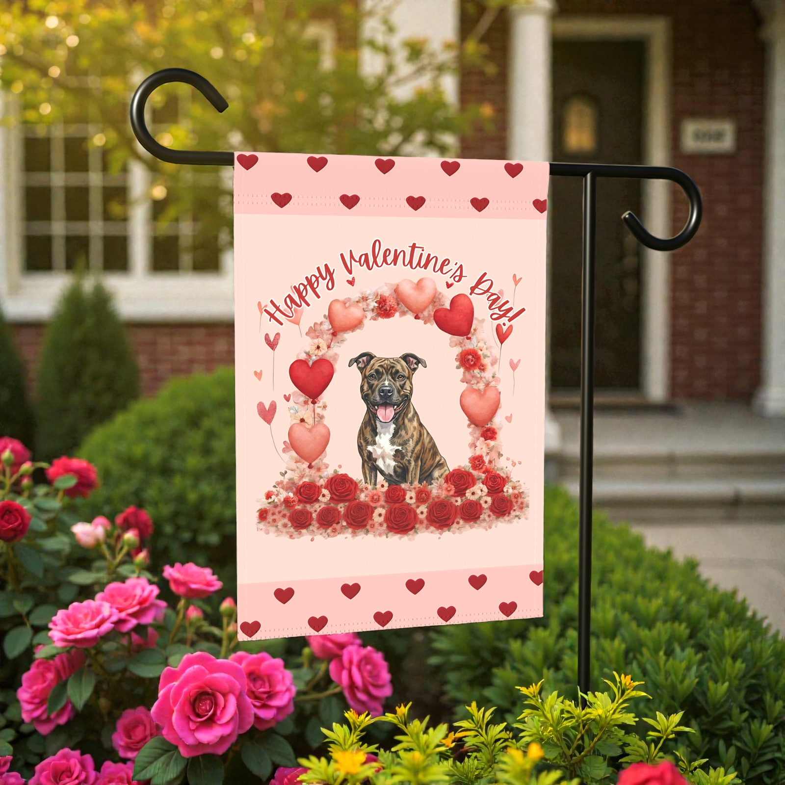 Valentine's Day Brindle Pit Bull Terrier Garden Flag - Image 7