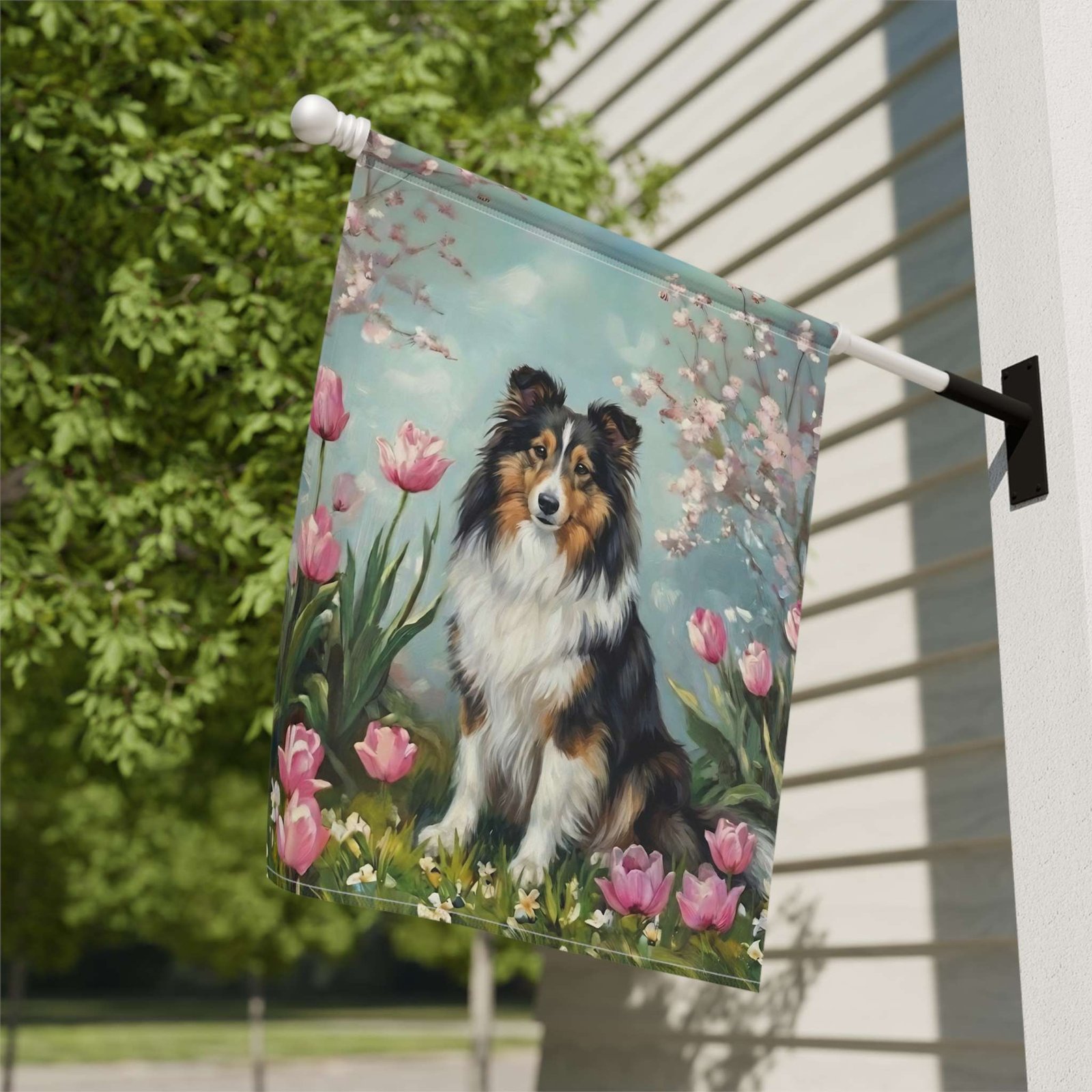 Sheltie in the Tulips Spring Garden Flag - Image 9