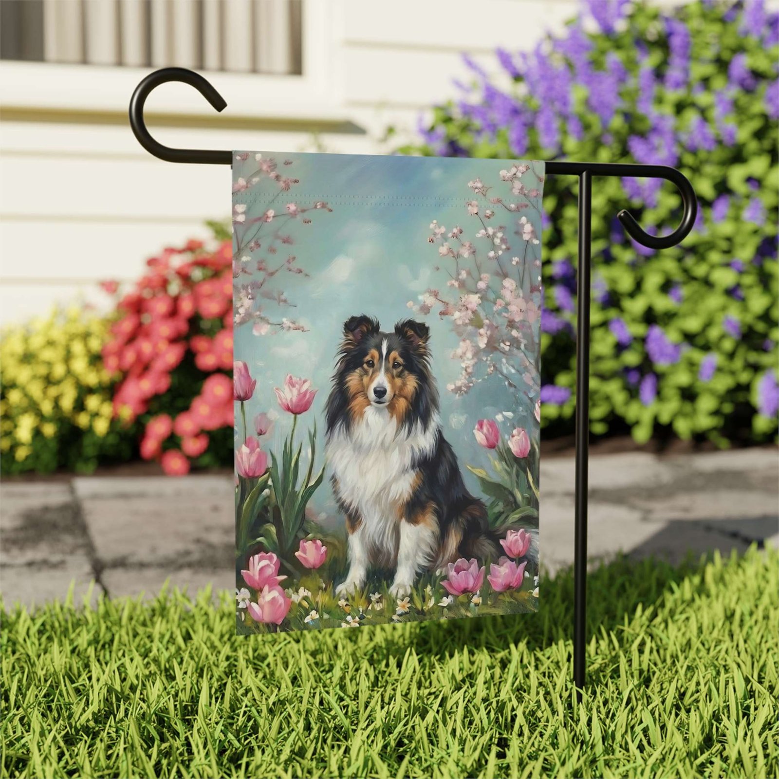Sheltie in the Tulips Spring Garden Flag - Image 8