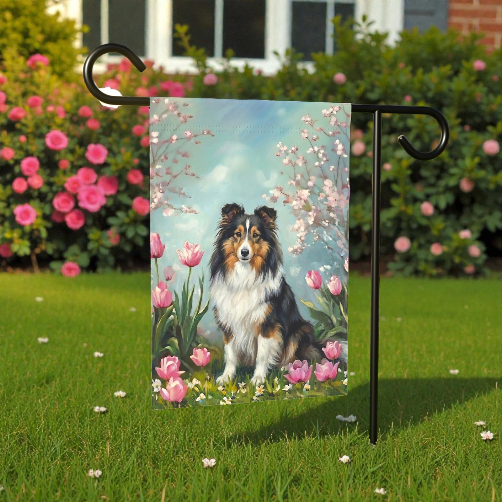 Sheltie in the Tulips Spring Garden Flag - Image 5