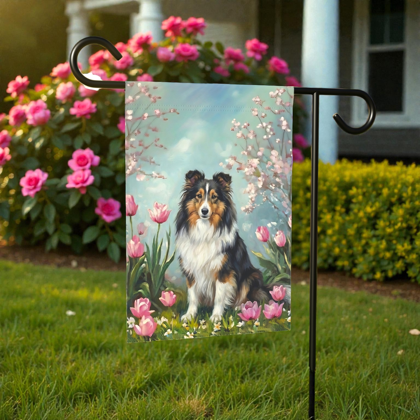 Sheltie in the Tulips Spring Garden Flag