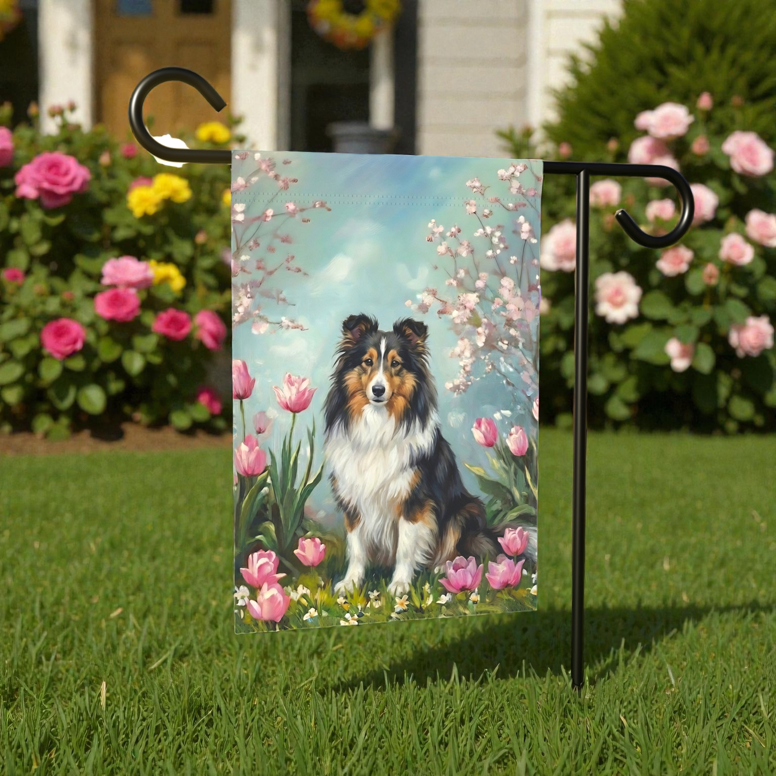 Sheltie in the Tulips Spring Garden Flag - Image 6