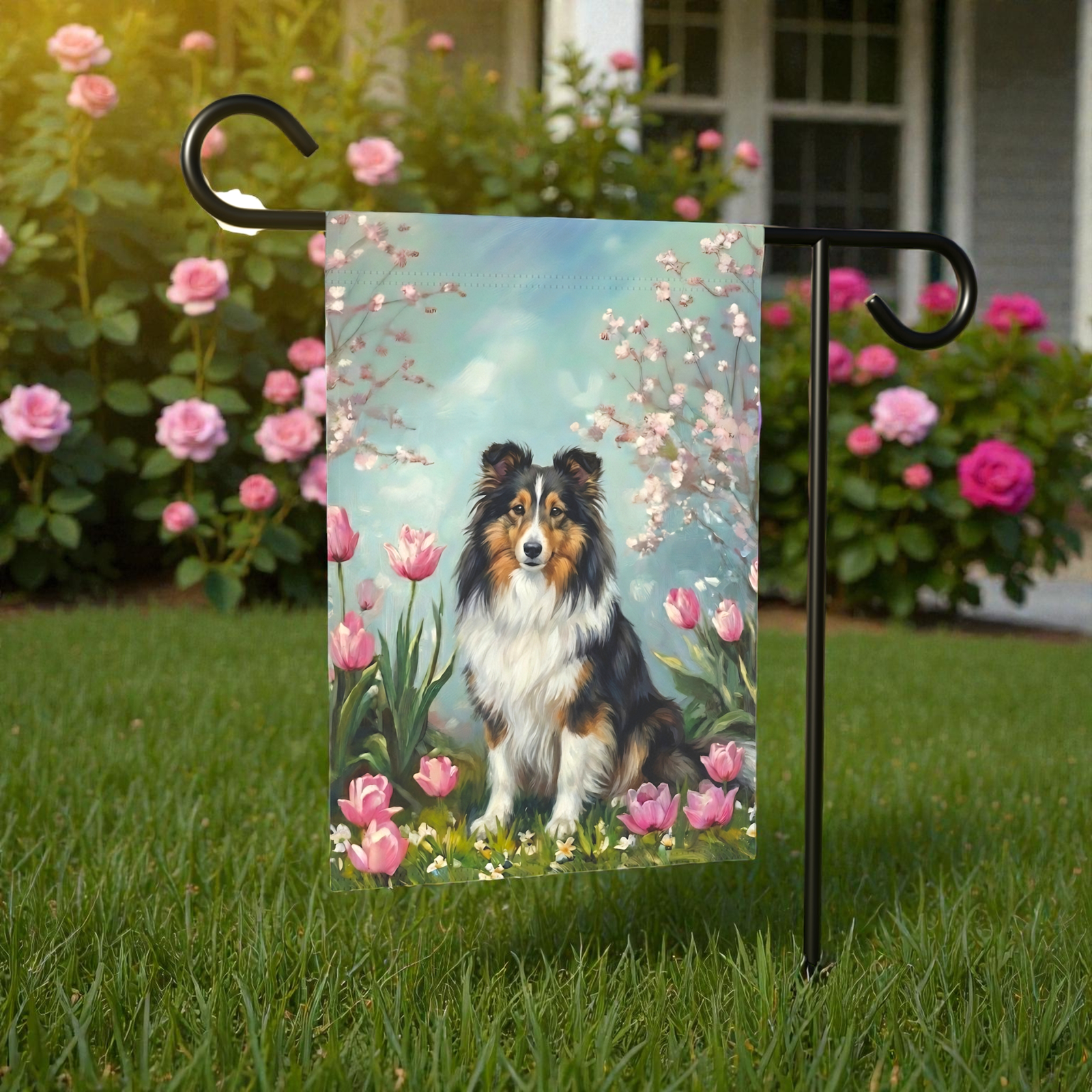Sheltie in the Tulips Spring Garden Flag - Image 7