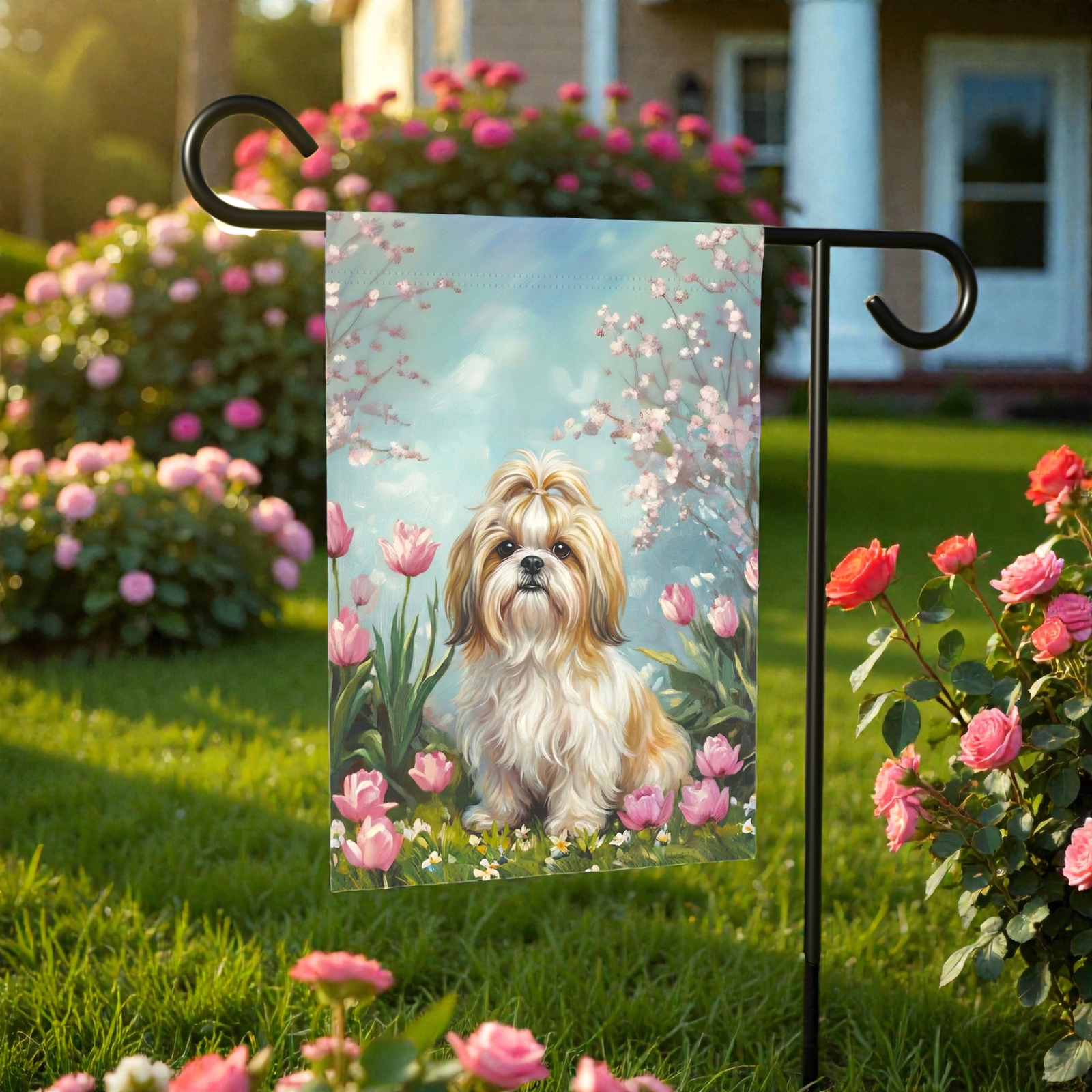 Shih Tzu in the Tulips Spring Garden Flags