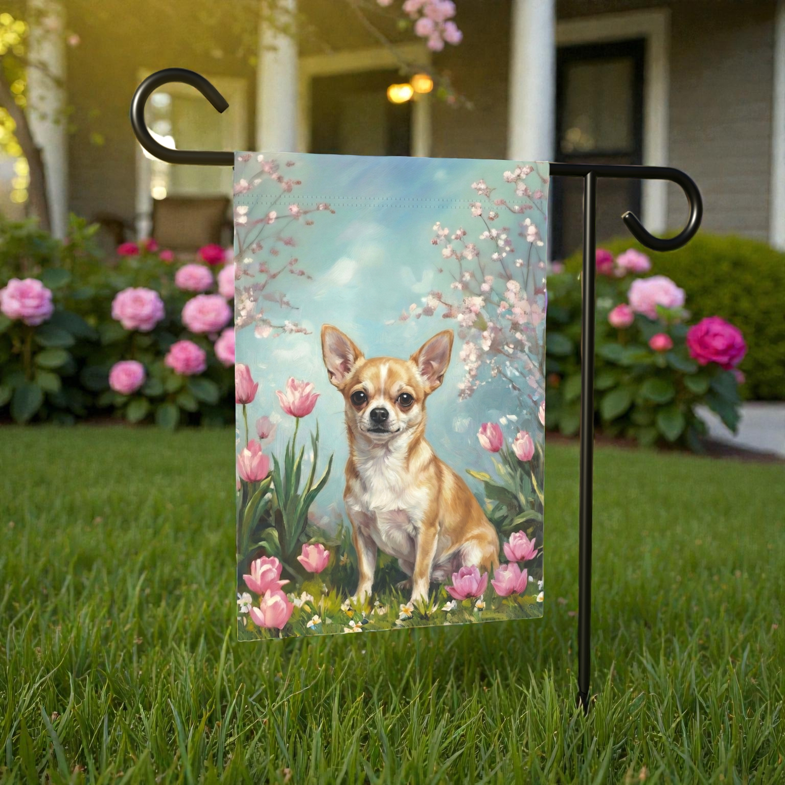 Short Hair Chihuahua in the Tulips Spring Garden Flag - Image 5
