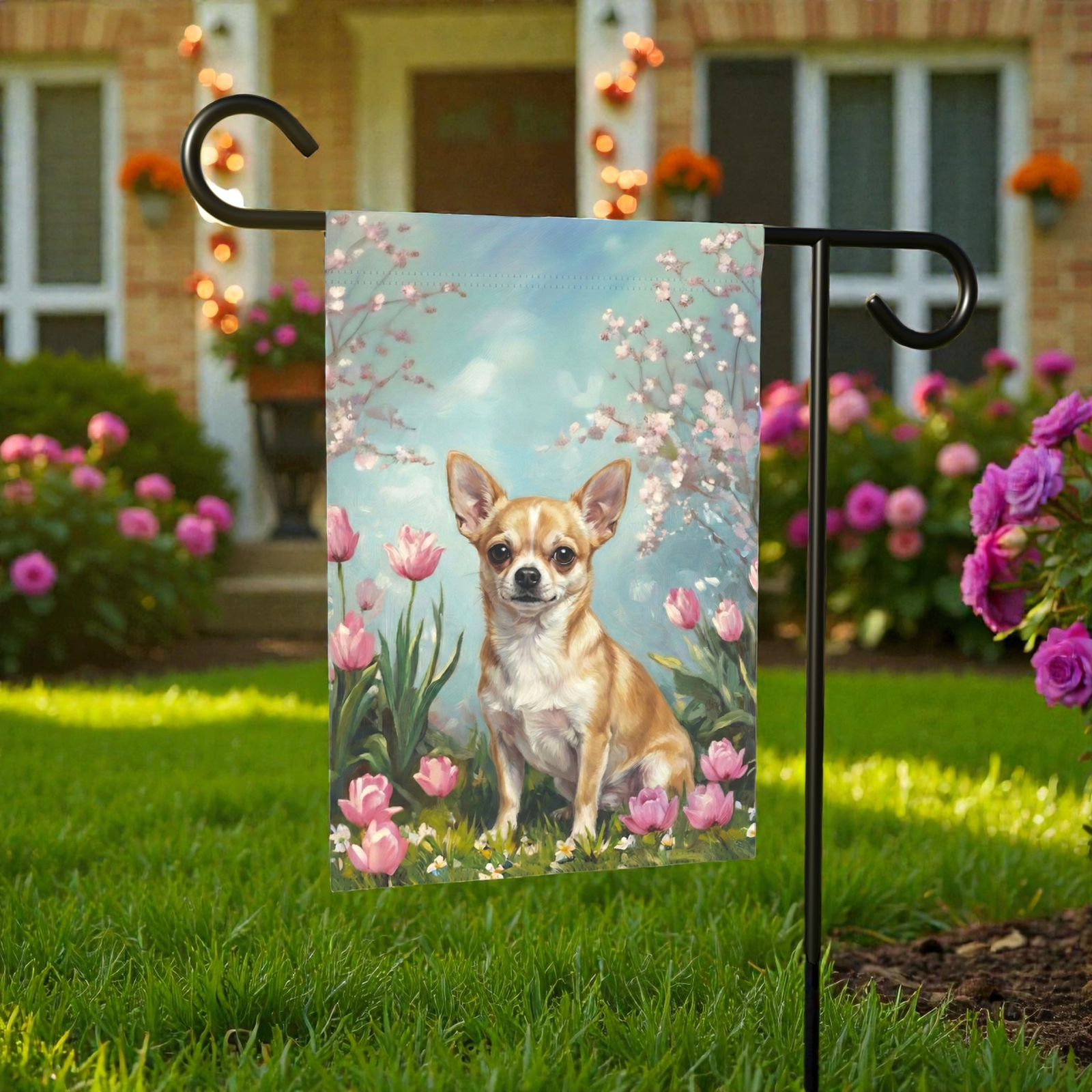 Short Hair Chihuahua in the Tulips Spring Garden Flag - Image 7