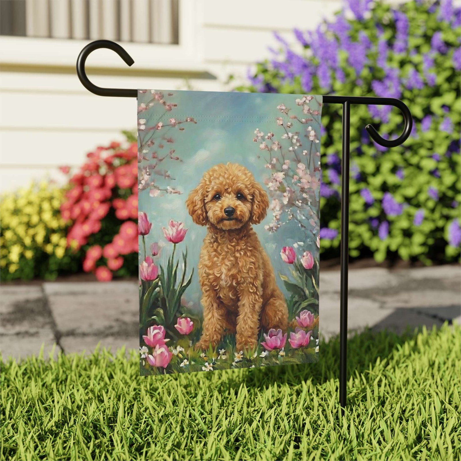 Toy Poodle in the Tulips Spring Garden Flag - Image 8