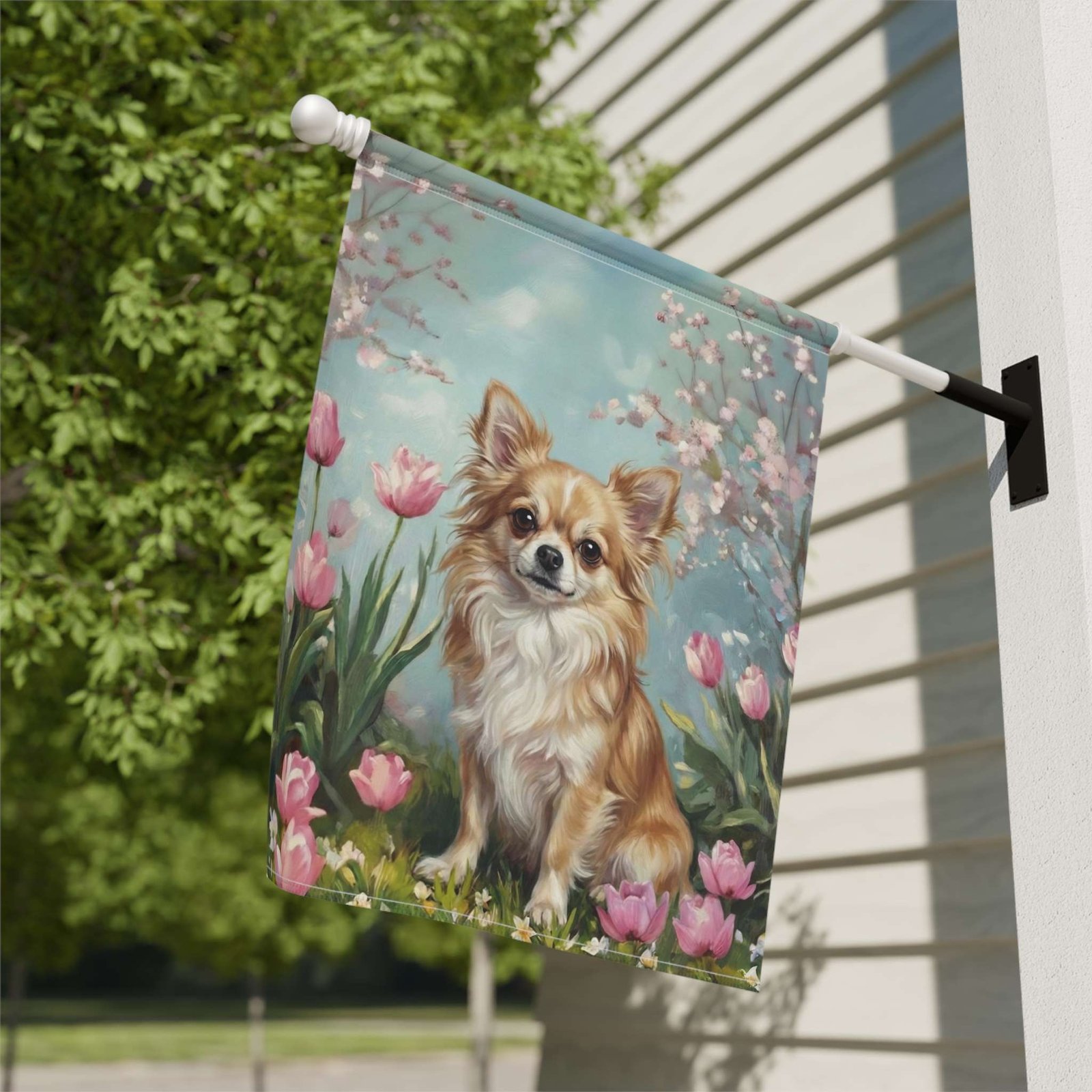 Long Hair Chihuahua in the Tulips Garden Flag - Image 9