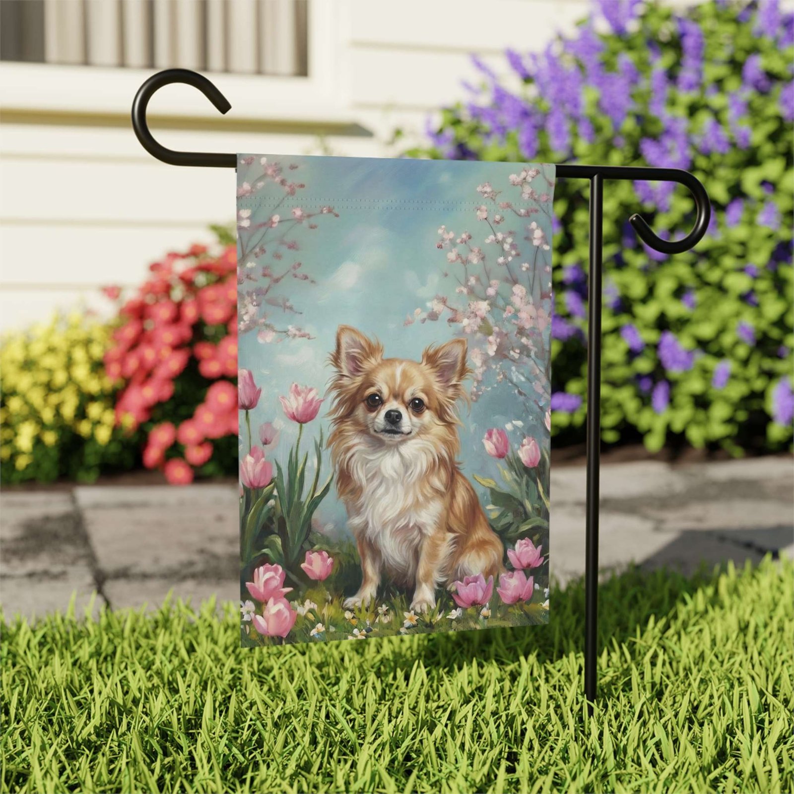 Long Hair Chihuahua in the Tulips Garden Flag - Image 8