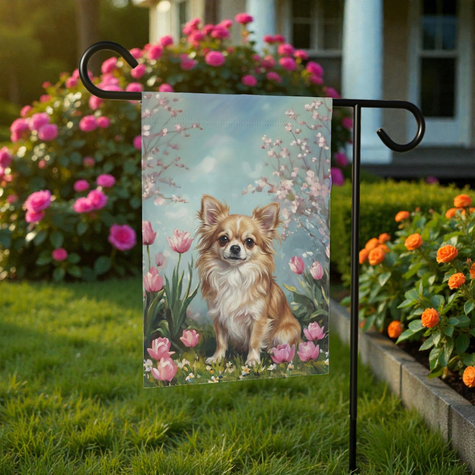 Long Hair Chihuahua in the Tulips Garden Flag