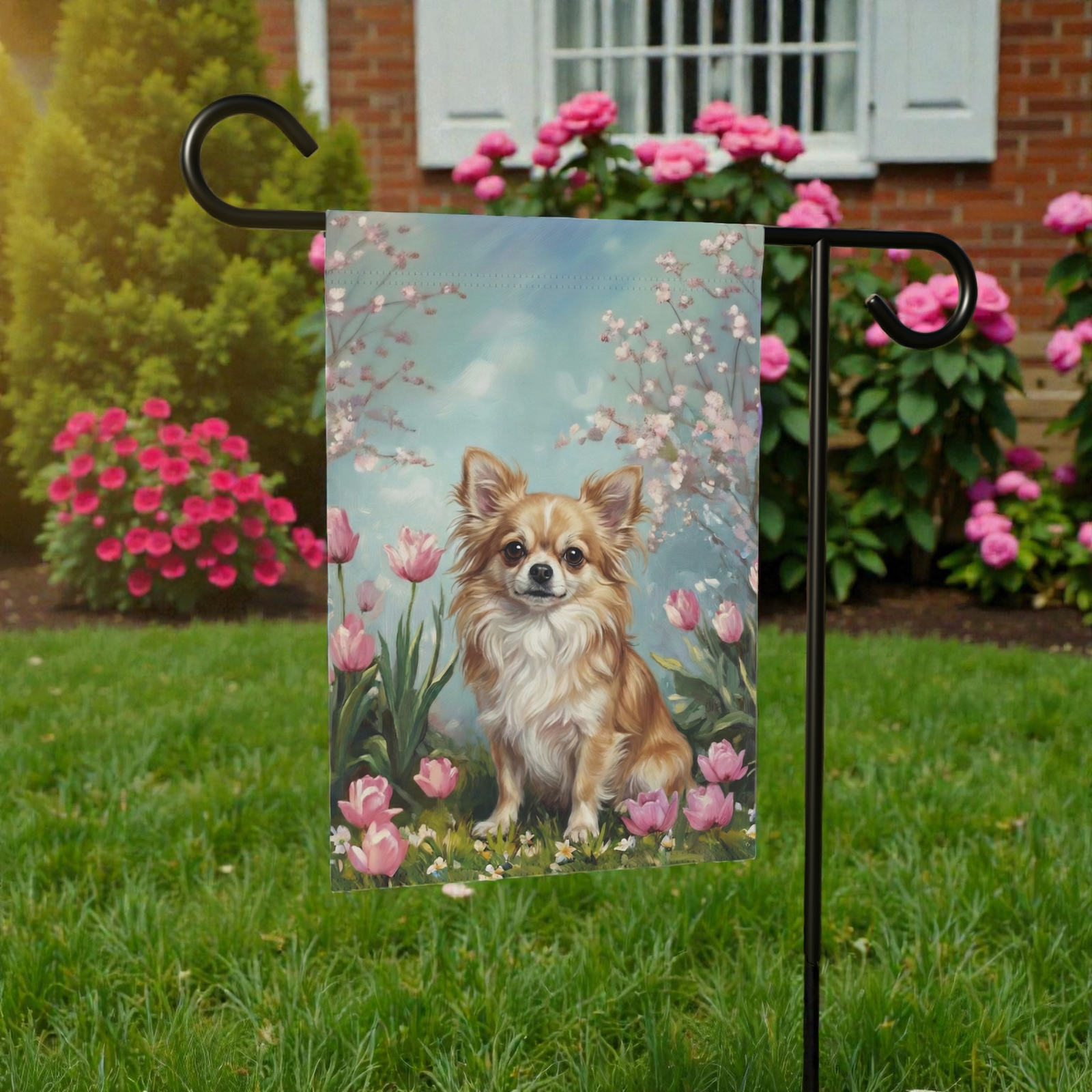Long Hair Chihuahua in the Tulips Garden Flag - Image 6