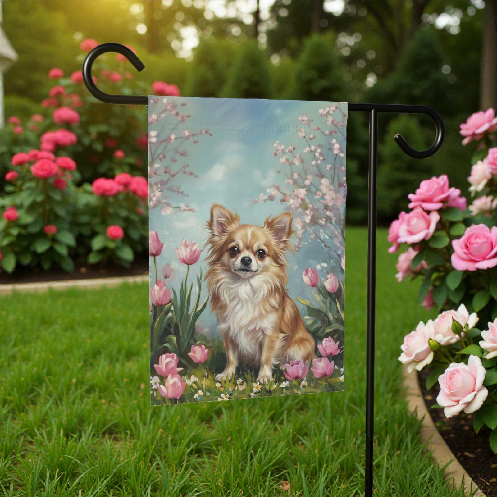 Long Hair Chihuahua in the Tulips Garden Flag - Image 7