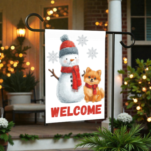 Pomeranian and Snowman Welcome Garden Flag