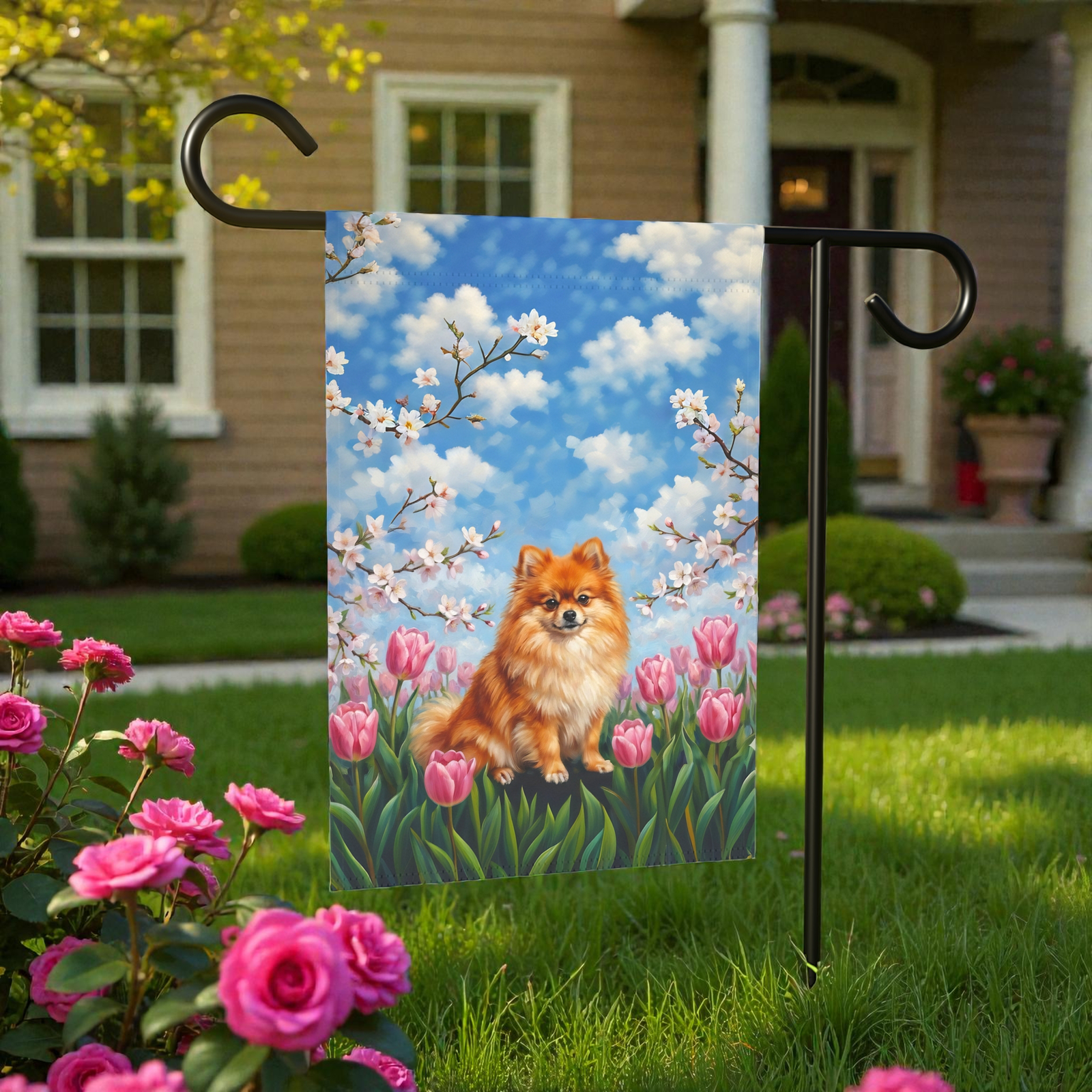 Pink Tulips and Pomeranian Spring Garden Flag