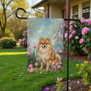 Pomeranian In the Tulips Spring Garden Flag