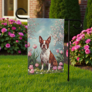 Red Boston Terrier in the Tulips Garden Flag